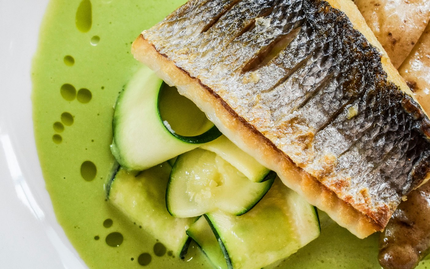 A pan-seared white fish fillet over ribbons of zucchini in a green sauce