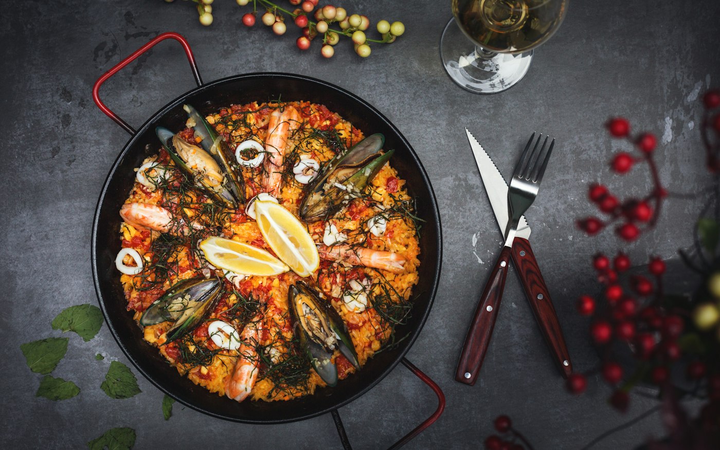 Seafood paella in its pan, from above