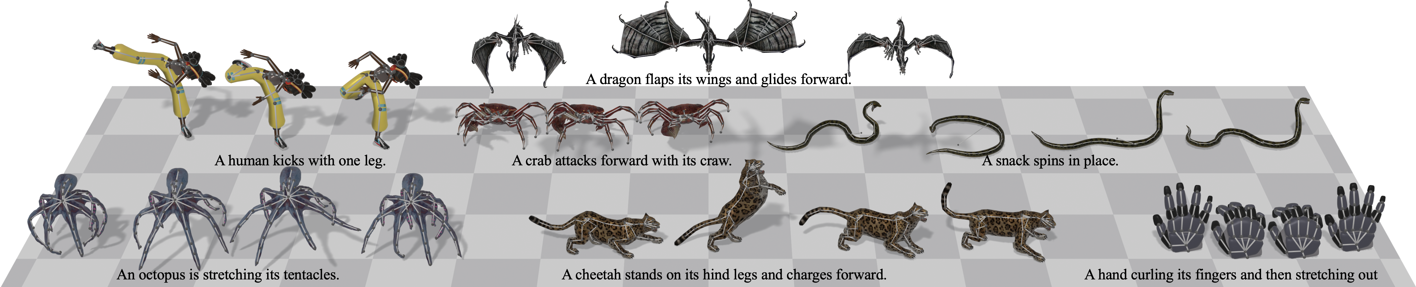 Sample rigs and motion sequences from UniML3D, spanning bipedal, quadrupedal, avian, marine, insectoid, serpentine, and articulated rigid skeletons.